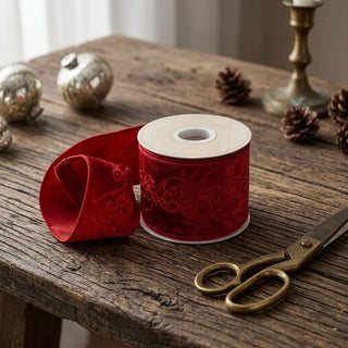 5 Yards Scarlet Plush Velvet With Festive Embroidery Ribbon