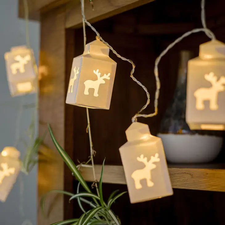 Hand Crafted Paper Reindeer Lantern String Lights - Battery Operated