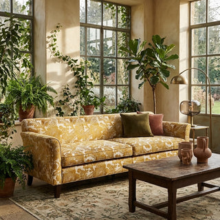 Retro Style Fabric Upholstered Sofa with Damask Floral Pattern