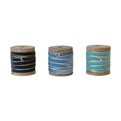 10 Yards Wooden Spool with Velvet Ribbon - Choose From 3 Shades of Blue