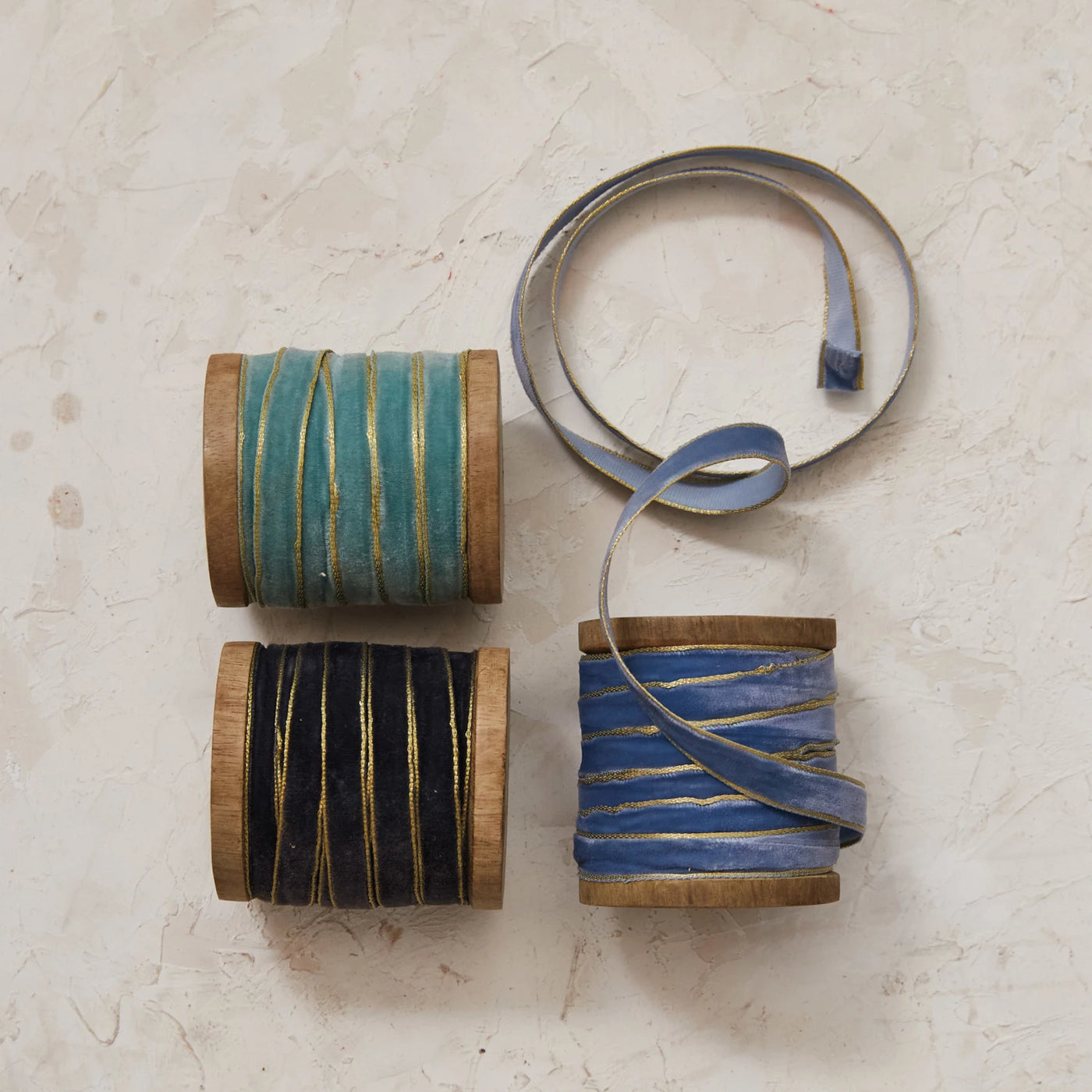 10 Yards Wooden Spool with Velvet Ribbon - Choose From 3 Shades of Blue