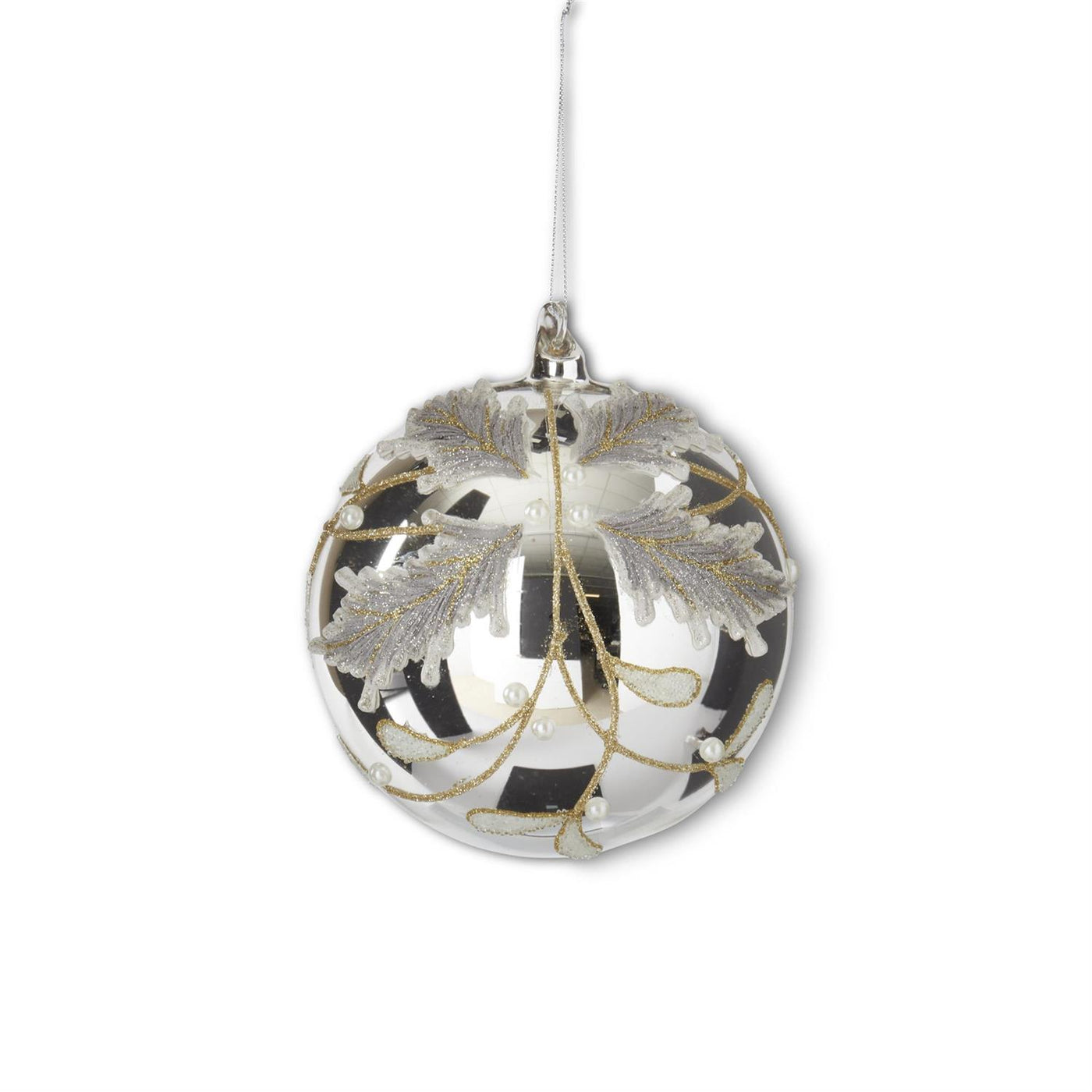 7" Round Silver Glass Holly Round Ornament with White Beads