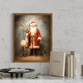 8x10 Santa Claus and Rudolf Reindeer Antique Print Wall Decor