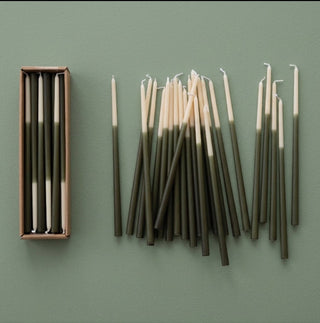 Set of 24 Unscented Two-Tone Thin Taper Candles in Box - Cream & Olive