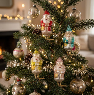 Boxed Set of 4 Vintage Look Glass Santa Clip Ornaments