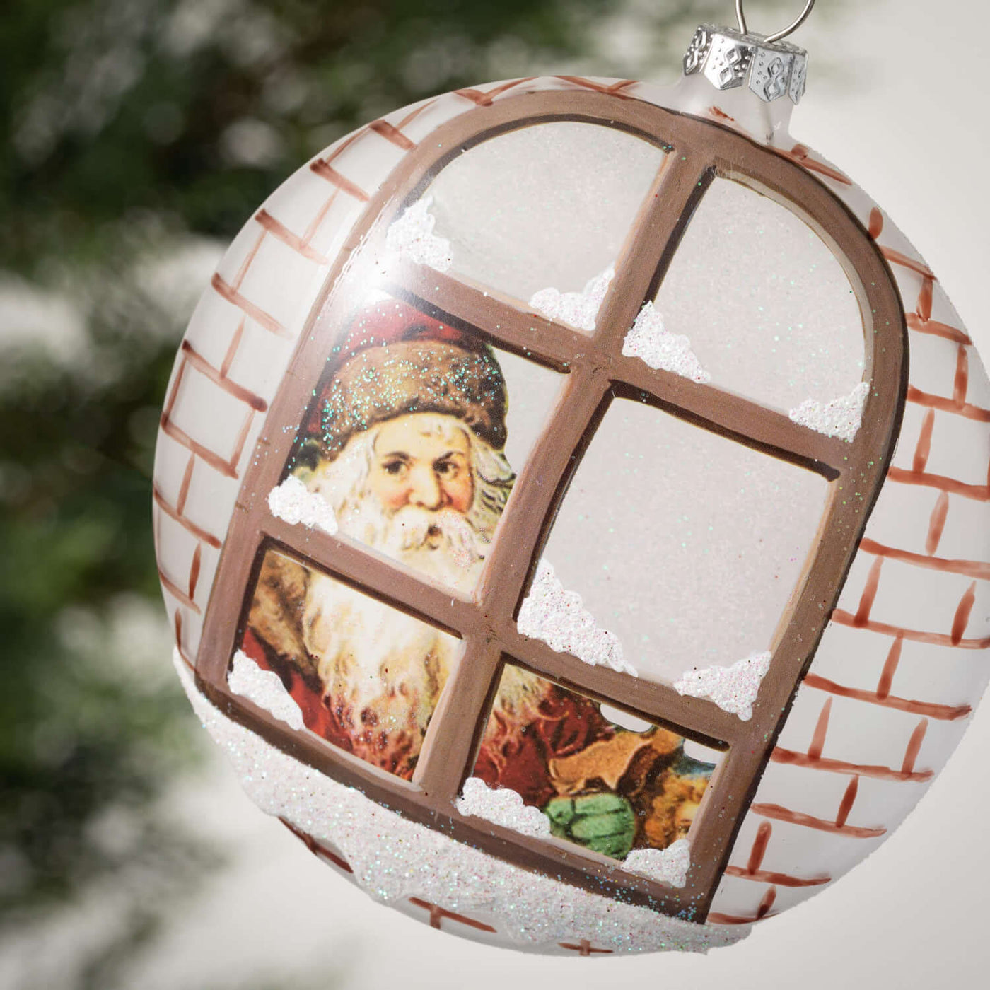 Hand Painted Glass Santa in the Window Ornament
