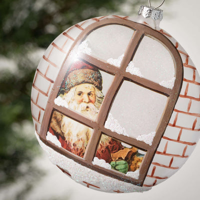 Hand Painted Glass Santa in the Window Ornament