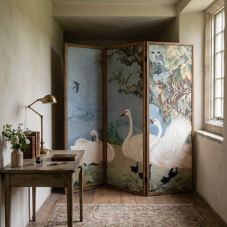 2-Sided Vintage Reproduction Swan Art Folding Room Divider
