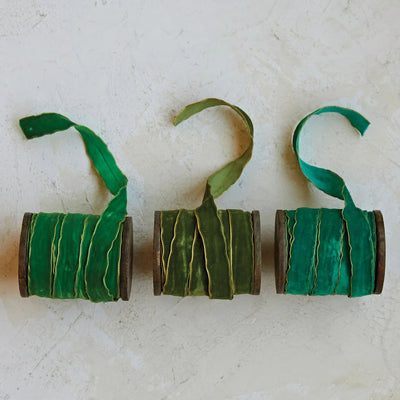 Wooden Spool with Velvet Ribbon - Choose From 3 Shades of Green