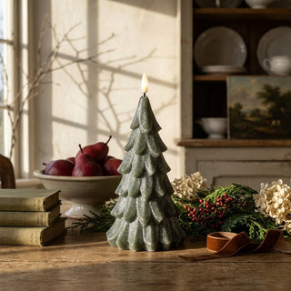 8" Green Shimmer 3D Flame Alabaster Pine Tree Candle