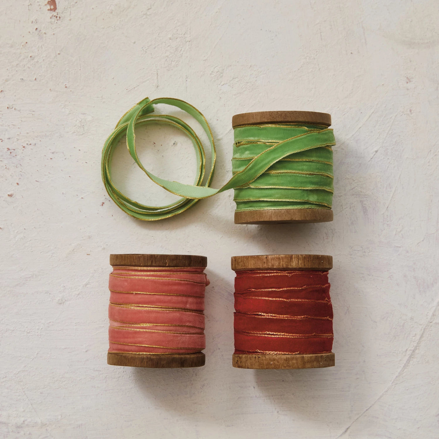 10 Yards Wooden Spool with Velvet Ribbon with Gold Edge - Choose From 3 Colors