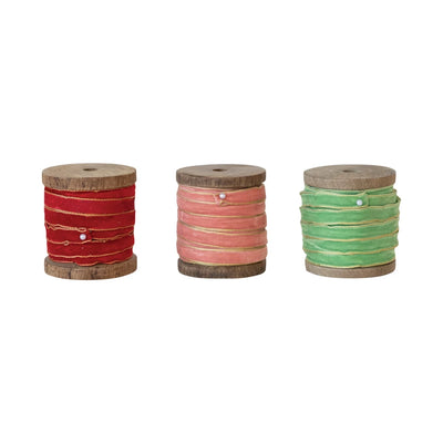 10 Yards Wooden Spool with Velvet Ribbon with Gold Edge - Choose From 3 Colors