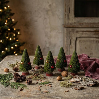 Set of 5 - 4" Green Bottlebrush Trees w/ Jingle Bells