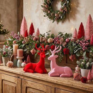 Sitting Flocked Reindeer - Choose Red or Pink
