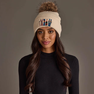 Beige Ski Embroidered Knit Faux Fur Pom Pom Hat