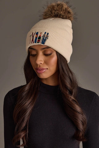 Beige Ski Embroidered Knit Faux Fur Pom Pom Hat