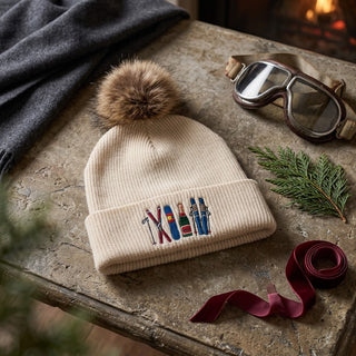 Beige Ski Embroidered Knit Faux Fur Pom Pom Hat