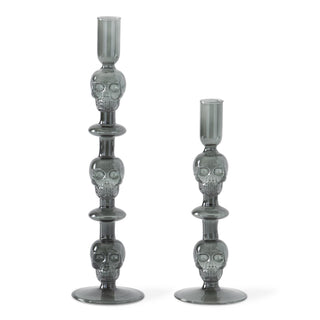 Grey Glass Skull Taper Candle Holder - Choose Size