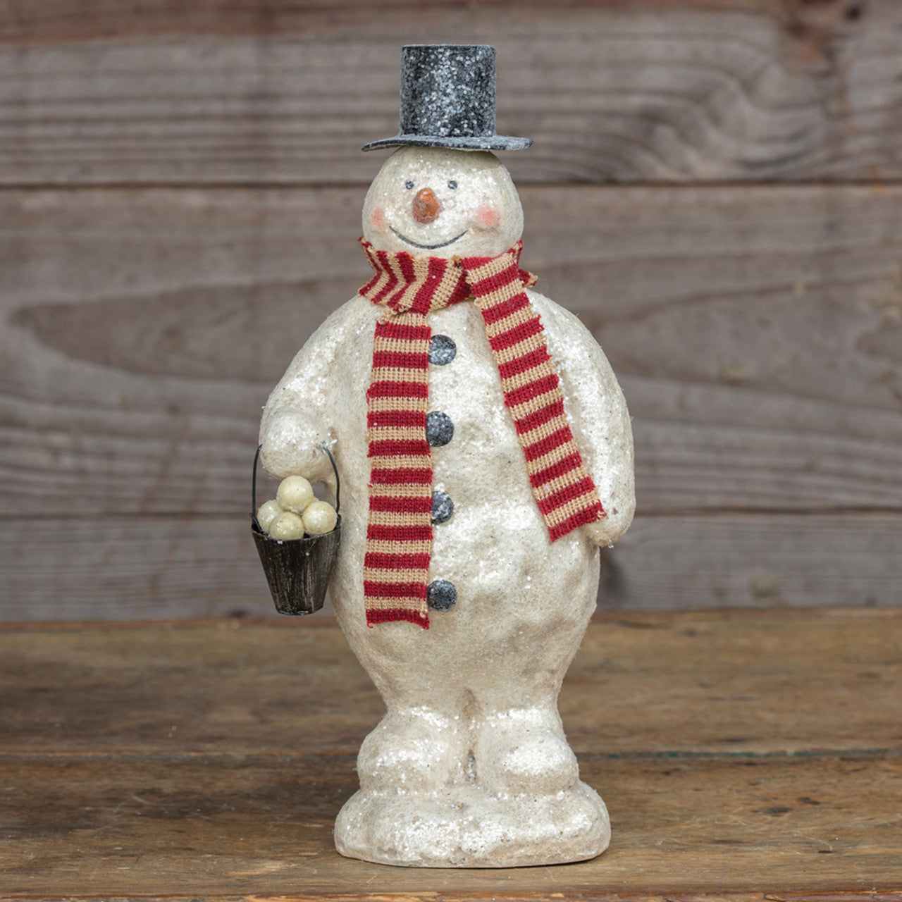 Paper Mache Snowman with Bucket of Snowballs