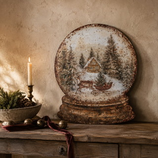 Cabin & Sled Snow Globe Metal Sign