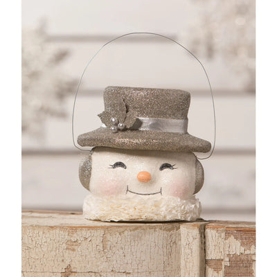 Bethany Lowe Happy Platinum Snowman Paper Mache Holiday Bucket