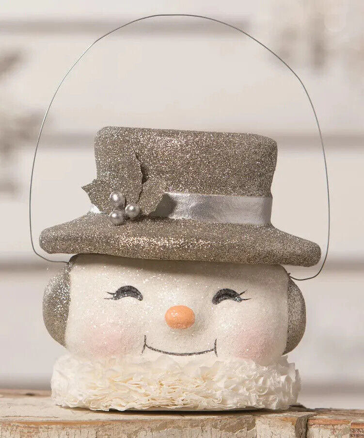Happy Platinum Snowman Paper Mache Holiday Bucket