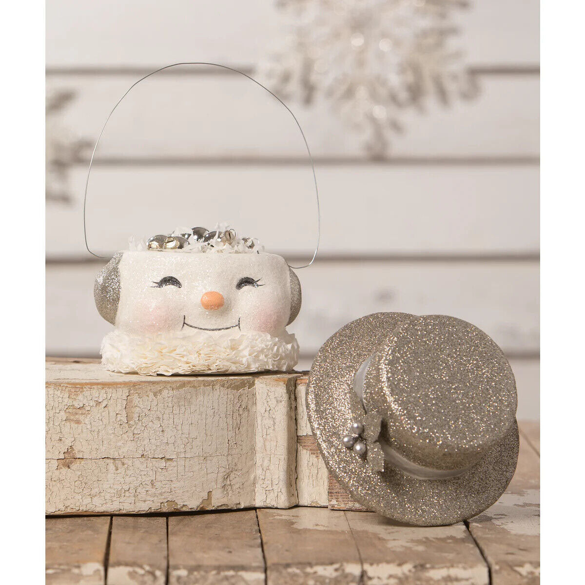 Bethany Lowe Happy Platinum Snowman Paper Mache Holiday Bucket