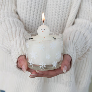 Melting Snowman Candle In Glass Vessel with Snowflakes