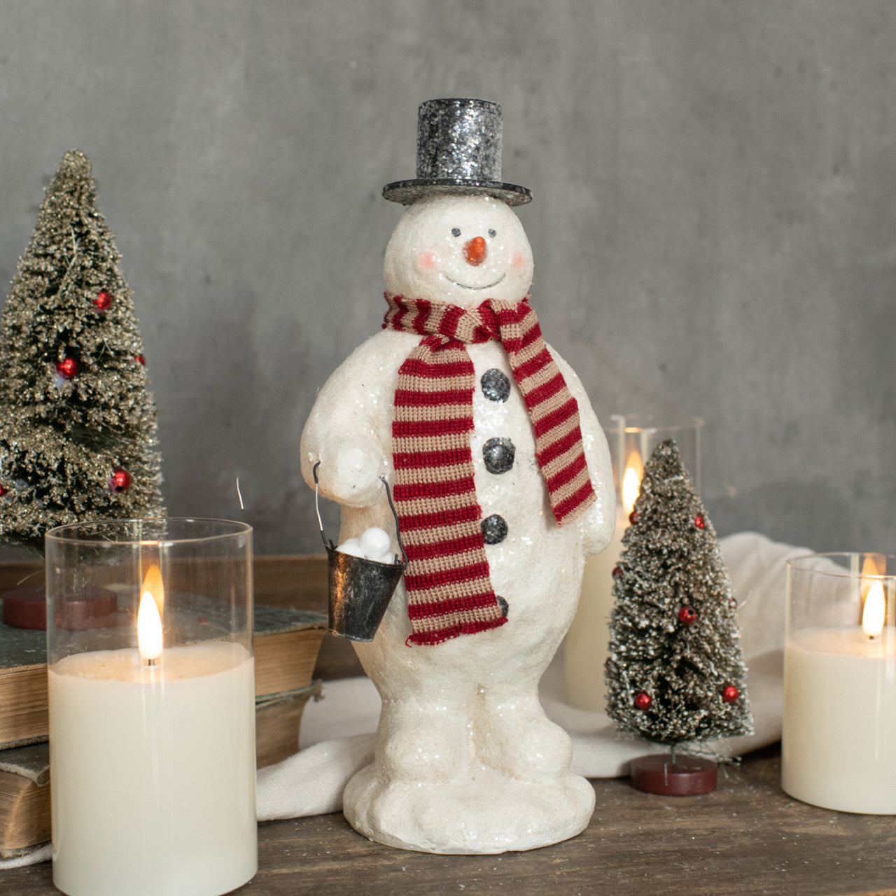 Paper Mache Snowman with Bucket of Snowballs