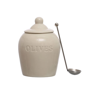 White Stoneware Olive Jar with Spoon - More Coming Soon