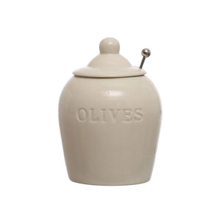 White Stoneware Olive Jar with Spoon - More Coming Soon