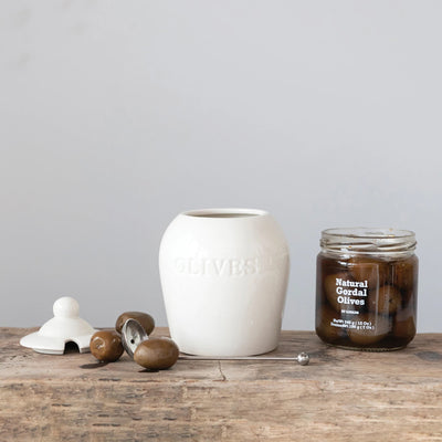 White Stoneware Olive Jar with Spoon