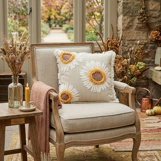 18" Linen Embroidered Sunflower Pillow