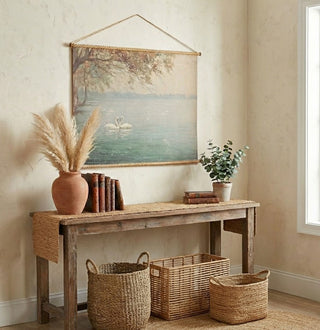 Carved Wood & Canvas Scroll with Swans Wall Decor - Preorder