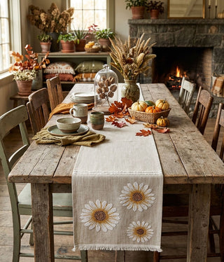 18" Linen Embroidered Sunflower Table Runner