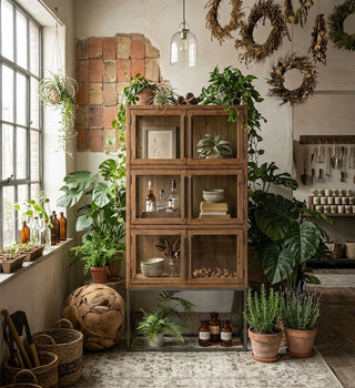 Wood And Metal Display Cabinet with Framed Glass Doors