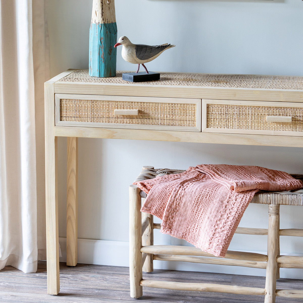 Teak and Rattan Console Table