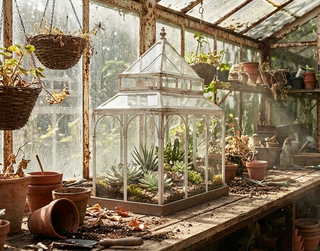 27" Weathered Metal & Glass House Terrarium