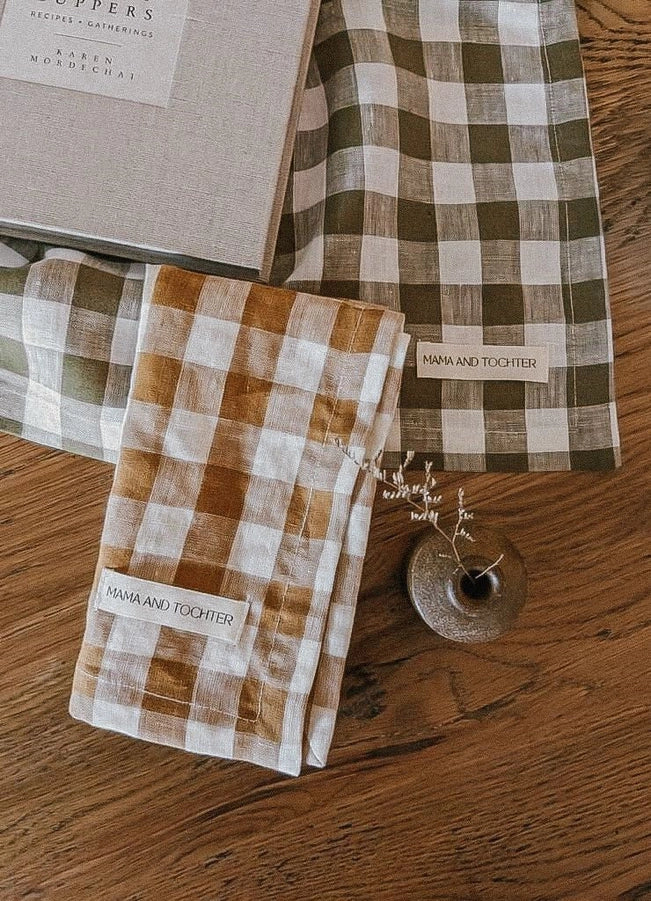 Pure French Linen Tea Towel -Toffee Gingham