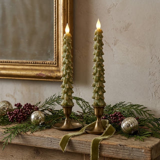 Flameless LED Tree Shaped Taper Candles with 6 Hour Timer & Gold Tips in Box, Set of 2