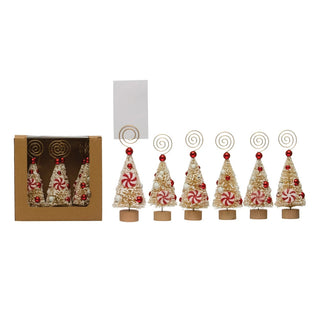Set of 6 Sisal Bottle Brush Tree Place Card/Photo Holders & 12 Paper Cards