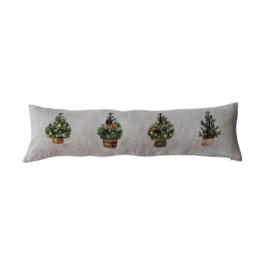 36" Linen Christmas Trees with French Knots Lumbar Pillow