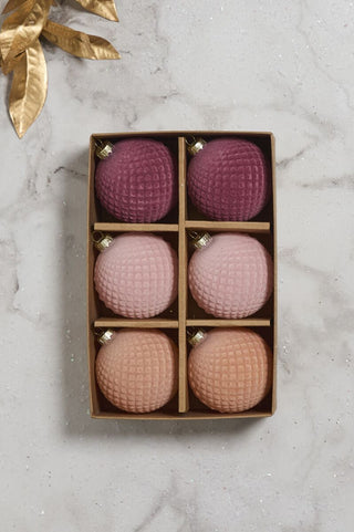Set of 6 - Rosy Velvet Glass Ornaments