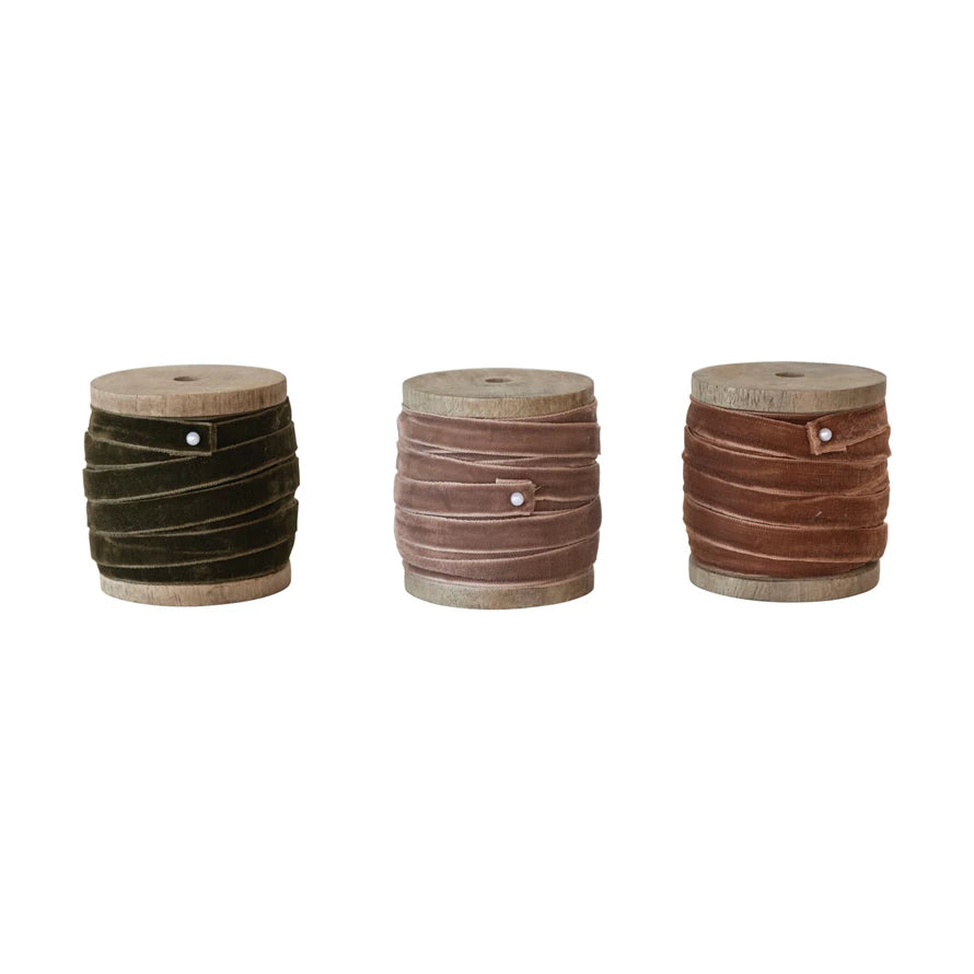 Wooden Spool with Velvet Ribbon - Choose From 3 Colors