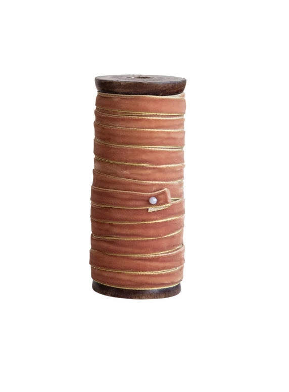 10 Yards Wooden Spool with Velvet Ribbon with Gold Edge - Choose From 4 Colors