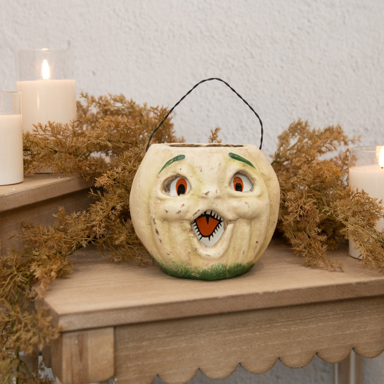 5" Vintage Style Paper Mache White Pumpkin Candy Bucket