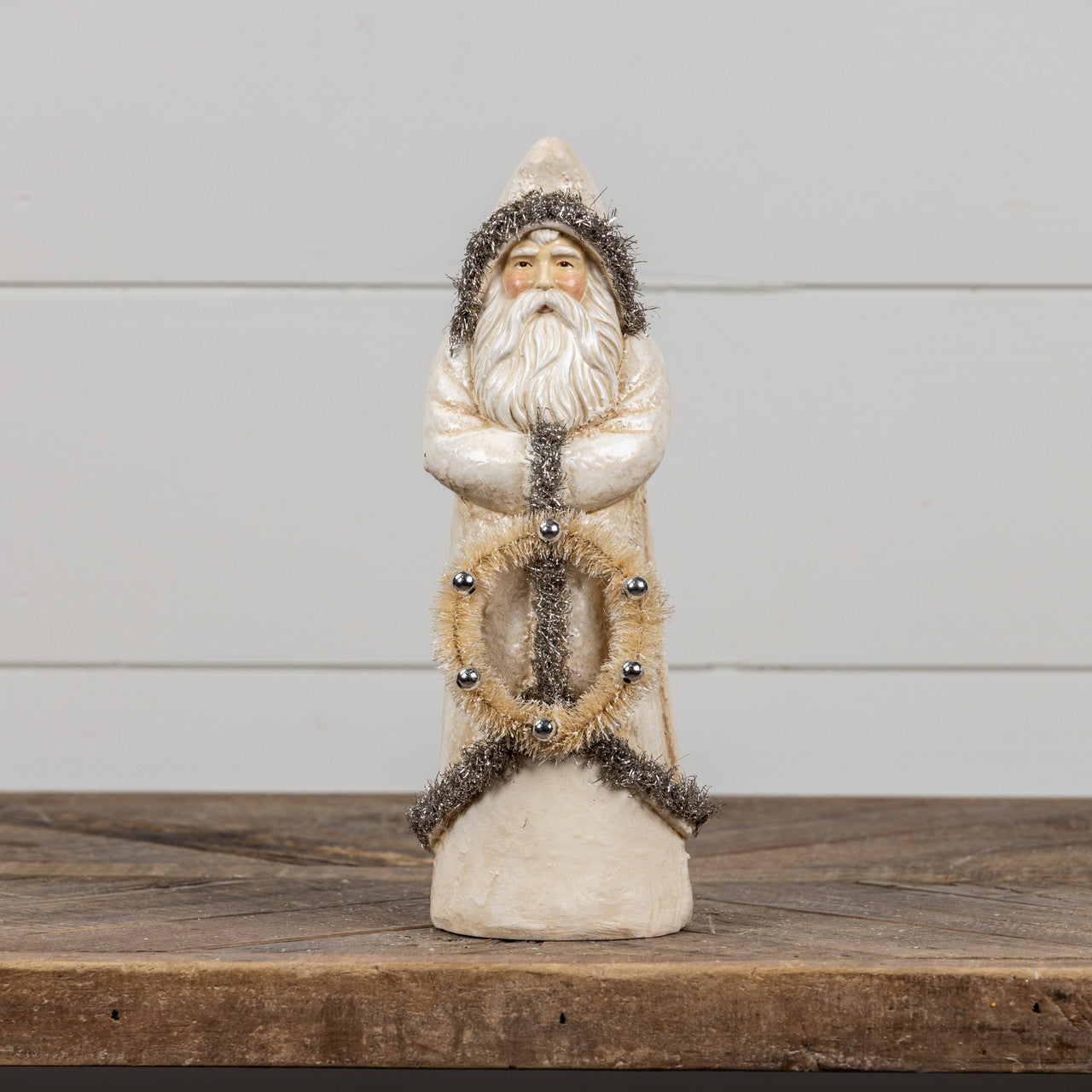 12" Antiqued Silver Tinsel Paper Mache Belsnickel Santa