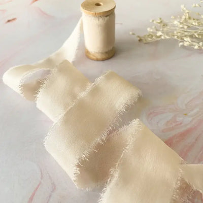Ivory Silk Ribbon Raw Edge Silk Ribbon On Wooden Reel - Choose Width