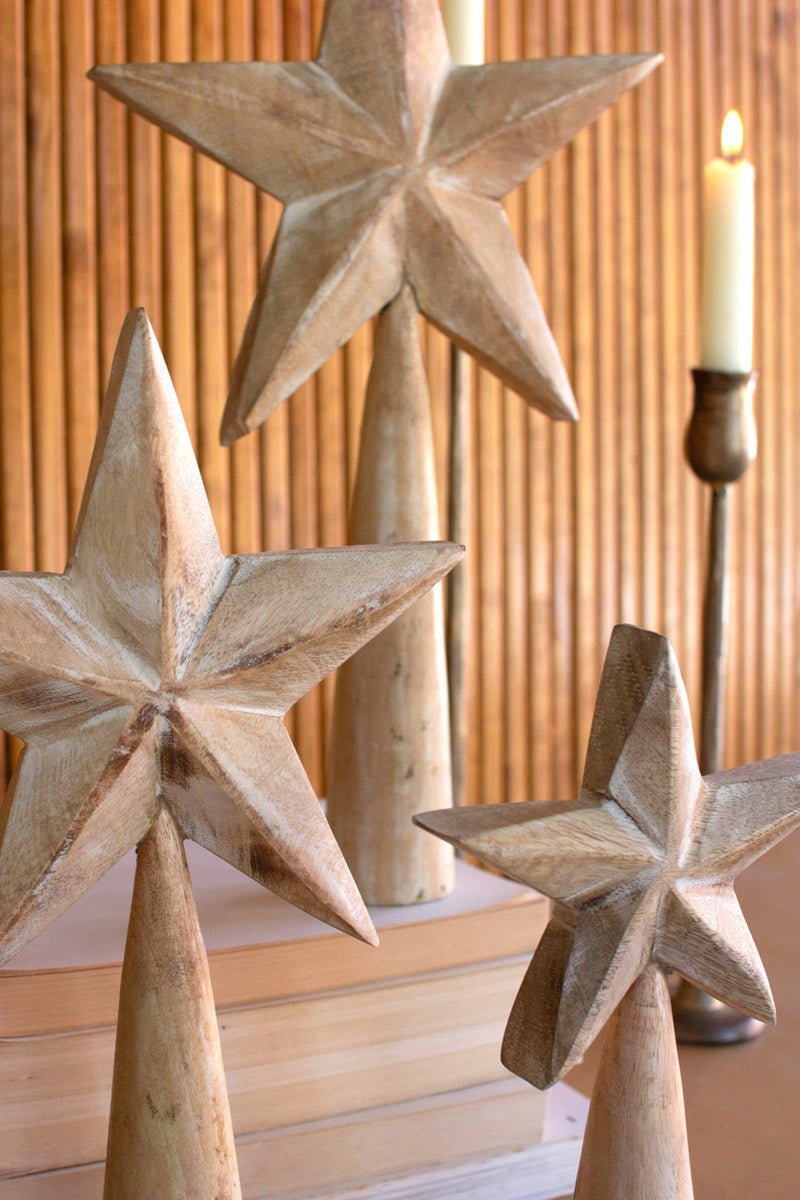 Set of 3 White Washed Wooden Stars