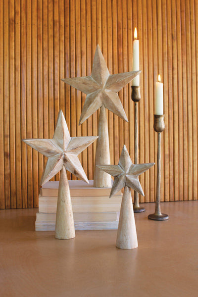 Set of 3 White Washed Wooden Stars